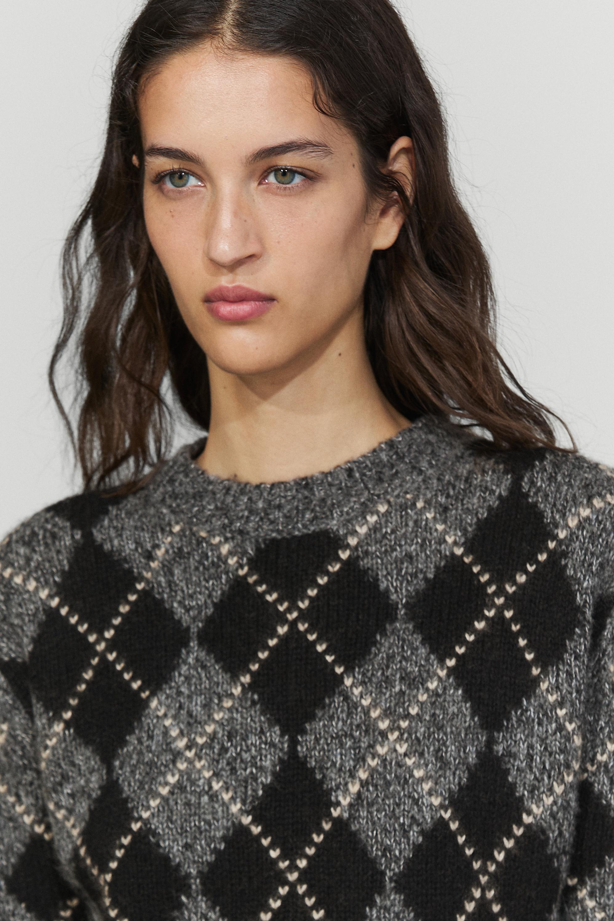 Pull en maille manches courtes à motif losanges cachemire